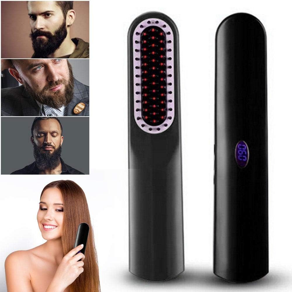 WooyMo Beard Straightener Brush, USB Cordless Electric Ionic Hair Straightening Comb, Portable Quick Styler Multifunctional Hair Curlers with Ceramic Heater, Adjustable Temperature & Anti-Scald