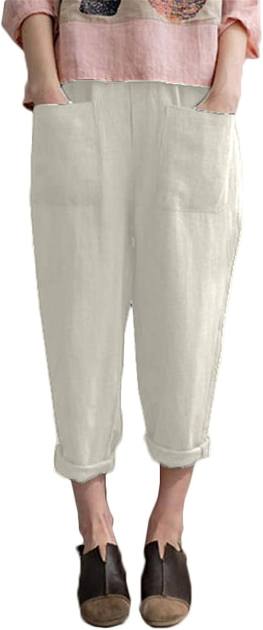 Women's Elastic Waist Casual Crop Linen Pull On Pants Comfy Trousers Harem Cropped Pant white