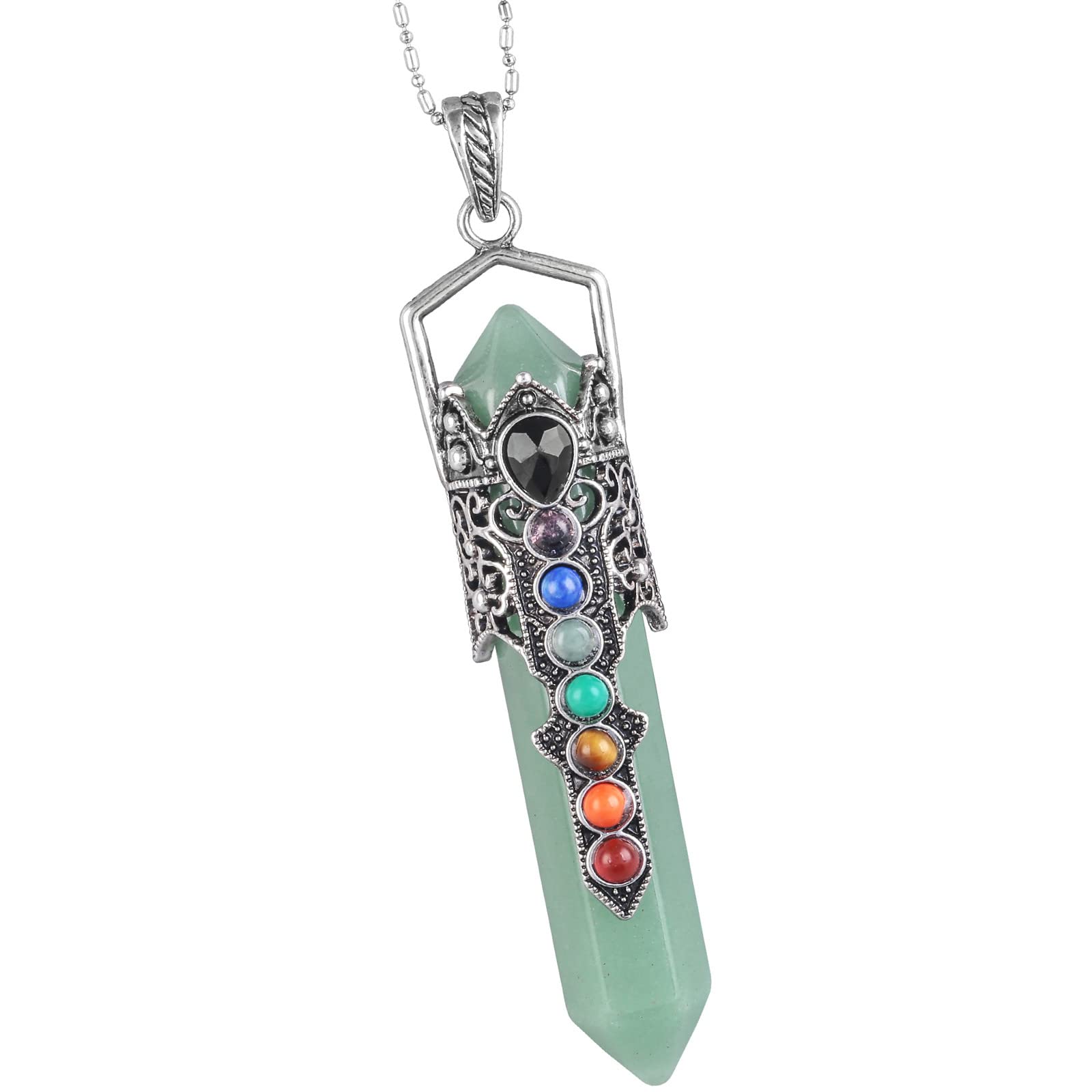 Nupuyai Vintage 7 Chakra Green Aventurine Crystal Point Pendant Necklace for Men Women, Hexagonal Pendulum Reiki Healing Stone Pendant with Chain