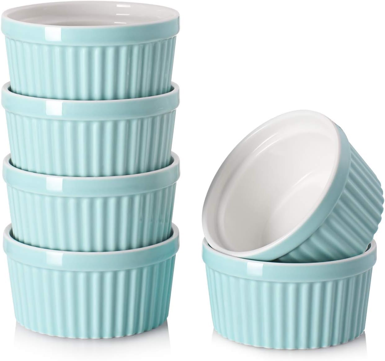 DOWAN Ramekins Set of 6, 120ml / 4oz Porcelain Soufflé Dishes for Creme Brulee & Muffin, Baking Dishes for Cake & Pudding & Ice Cream, Mini Bowl for Dips, Sauces, Snacks and Fruits, Ø 9.0cm-Blue