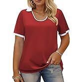 VISLILY Womens-Plus-Size-Summer-Tops Trendy Polo U Neck T Shirts Color Block Short Sleeve Lapel Collared Work Blouses Tunics