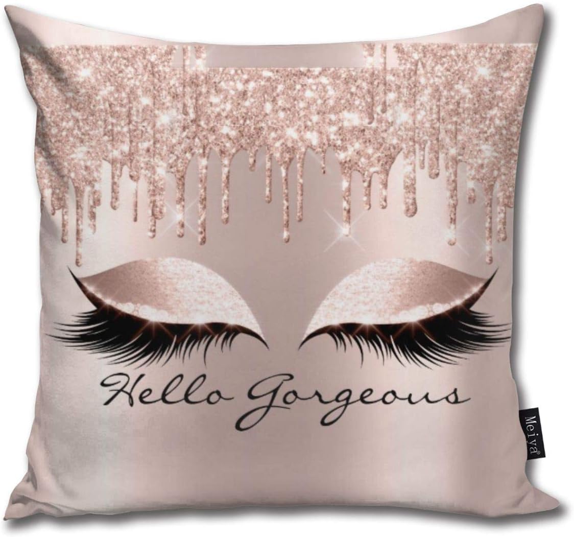 Spark Rose Gold Drips Makeup Lashes Hello Gorgeous Funny Square Pillow Cases Cushion Cover for Bedroom Living Room Decorative 18" x 18"