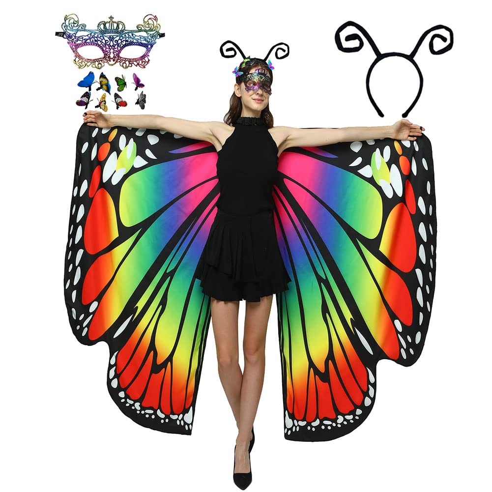 HAPNBCELE Womens Double-Sided Butterfly Wings Costume, Butterfly Cape with Lace Mask Headband Fairy Party Halloween Christmas (Rainbow, 165 x 135cm)