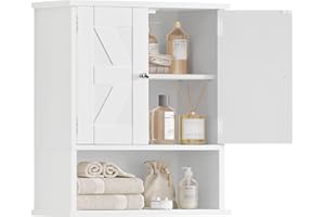 FIONESO Medicine Cabinet, Bathroom Wall Cabinet with 2 Barn Doors and Open Shelf, Over The Toilet Storage with Adjustable She