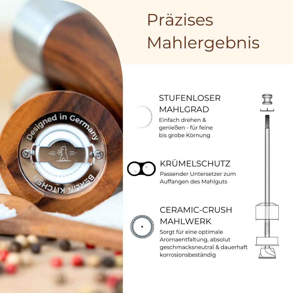 BERLIN KITCHEN® Salt'n Pepper Passion Salz- und Pfeffermühle Set | Edle Akazie & Edelstahl | GRATIS Dosierlöffel | Langlebiges Keramikmahlwerk | Stilvolles Geschenk | Stufenlos einstellbarer Mahlgrad 3