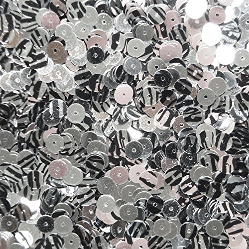 6mm Flat Round Sequins ~ Silver Black Stripe Tiger Effect ~ Made in USA. Loose paillettes for embroidery, bridal, applique, arts, crafts, and embellishment.