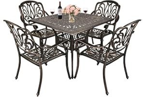 TITIMO 5-Piece Outdoor Furniture Dining Set, All-Weather Cast Aluminum Conversation Set Includes 4 Chairs and 1 Square Table with Umbrella Hole for Patio Garden Deck, Blooming Flower Design
