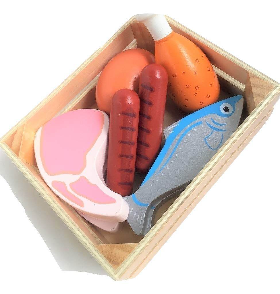 Fun World Toys Wooden Play Food Set - Healthy Vegetables Salad Crate / Non-vegetables Meat Crate (Non-Vegetables Meat Crate)