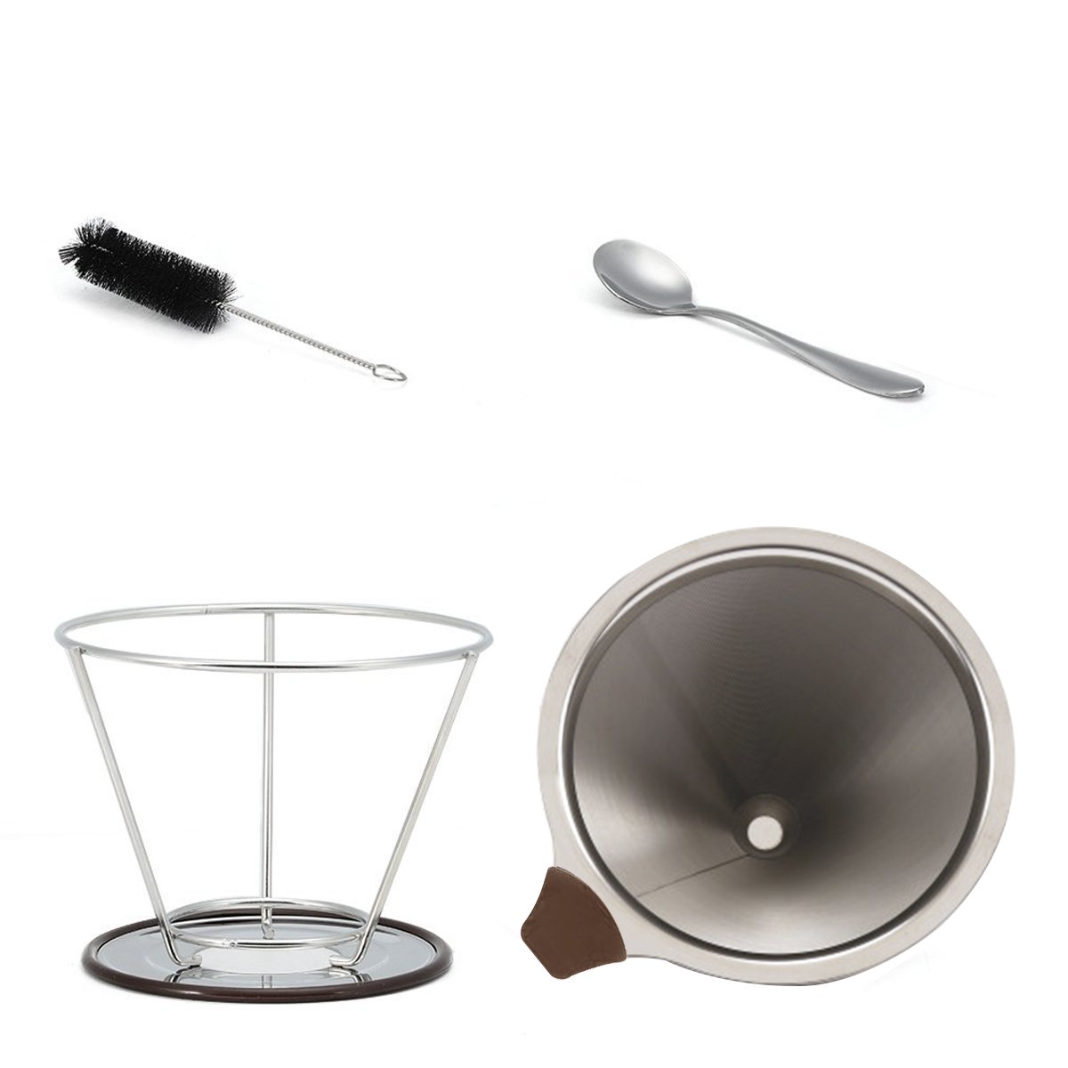 Pour Over Coffee Filter, Plaviya Permanent Coffee Strainer 304 Stainless Steel Dripper Reusable Cone Coffee Mesh Dripper Maker with Separate Stand, Spoon and Brush included, PBA Free