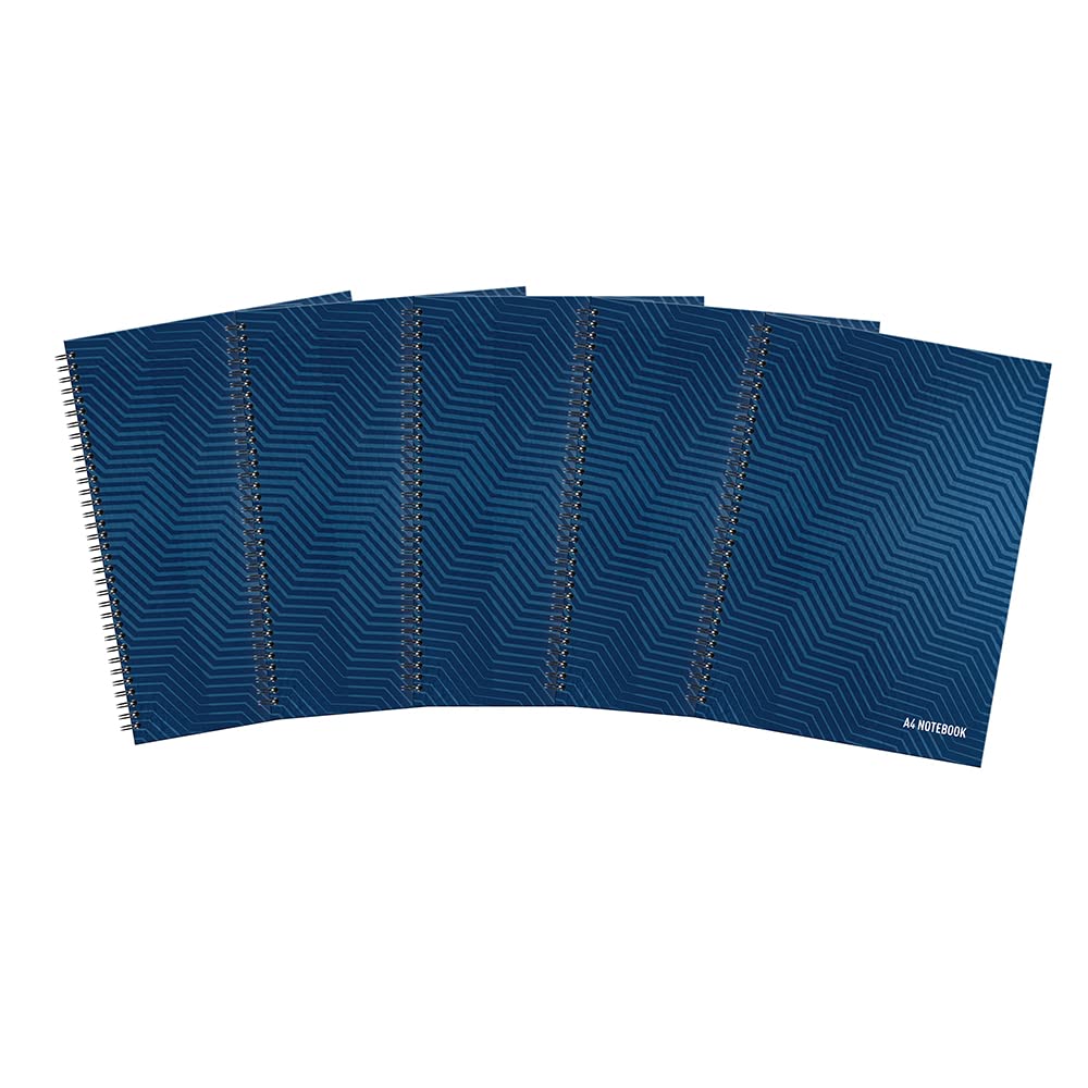 Summit A4 Notebook, Wirebound, 8 mm Lined, 100 Pages, Pack of 5 Notepads, Card Cover, 4-Hole Punch, Navy