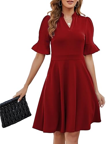 Red Dresses for Women 2025 Summer Short Sleeve V Neck Semi Formal