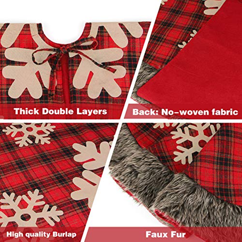 Aiduy Christmas Tree Skirt, 48 Inch Large Xmas Tree Skirt, Burlap Buffalo Plaid Christmas Tree Skirt with Thick Faux Fur Snowflake