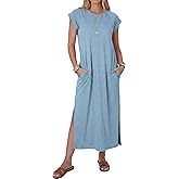ANRABESS Women Summer Maxi Dress 2026 Casual Loose Cap Sleeve Crewneck Split Beach Vacation Long Sundress with Pockets
