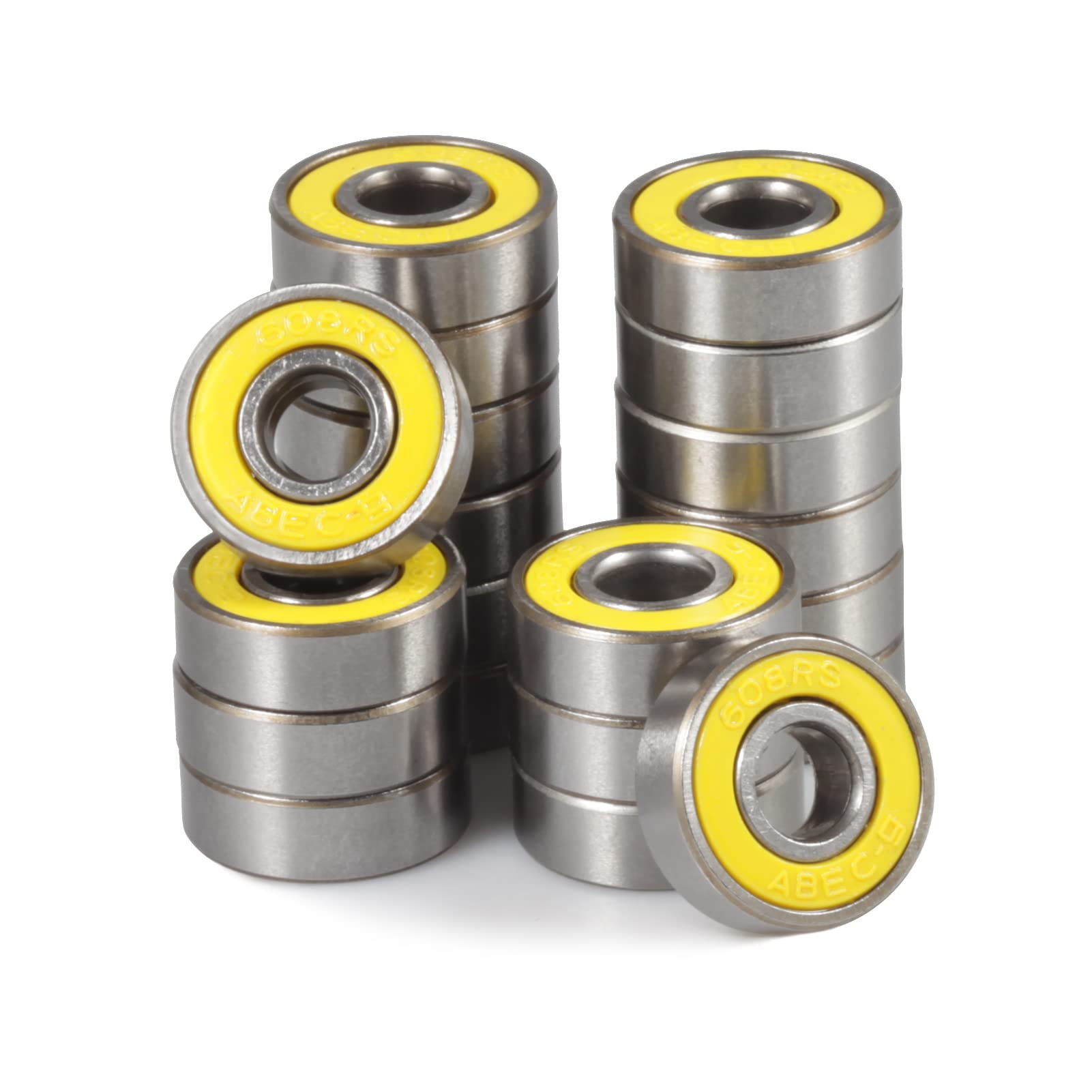 SPEEDWOX 20 Pcs Skateboard Ball Bearings 608 2RS Double Rubber Seal Miniature Bearings Carbon Steel Deep Groove Bearings for Skateboard Longboard Roller Skate Fidget Spinner, Yellow 8x22x7mm