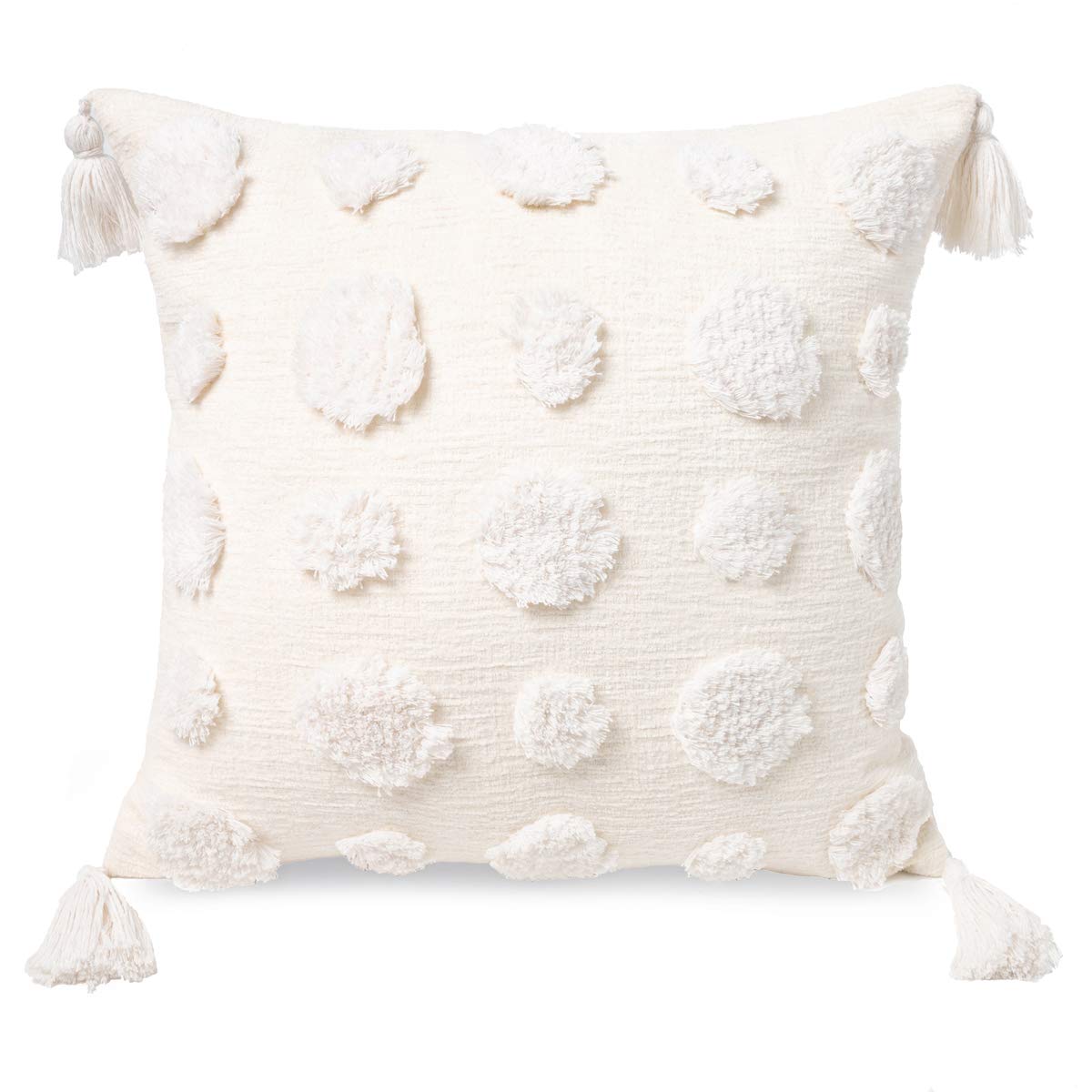 Photo 1 of PLWORLD Boho White Throw Pillow Cover 20x20 Inch with Tassels, Pom Pom Tufted Decorative Cream Chenille Fabric Accent Textured Cushion Case for Bed Couch, 1 PC Cover Only No Insert