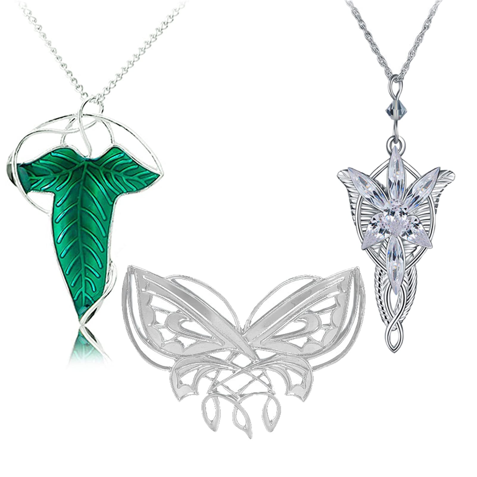 HJYZY 3 pcs Arvven Evening Star Butterfly Brooch L. of The Ring Necklace Vintage Green Leaf Elven Pin Brooch Pendant Chain Necklace