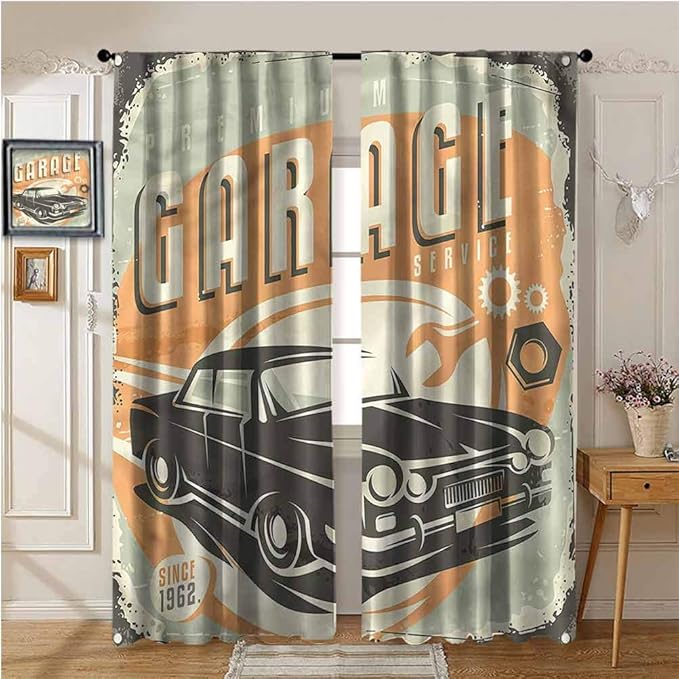 YUAZHOQI Blackout Curtains, Man Cave,Auto Mechanic Car Service, Set of