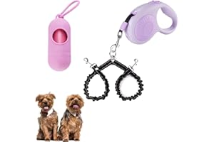 FEGCZP Double Dog Leash for Walking 2 Small Dogs (Up to 33 Lbs Each), Dual Retractable 9.8ft Extendable Strong Nylon Tape Pet Leash with Poop Bags, One-Handed Brake, Pause, Lock (Purple)
