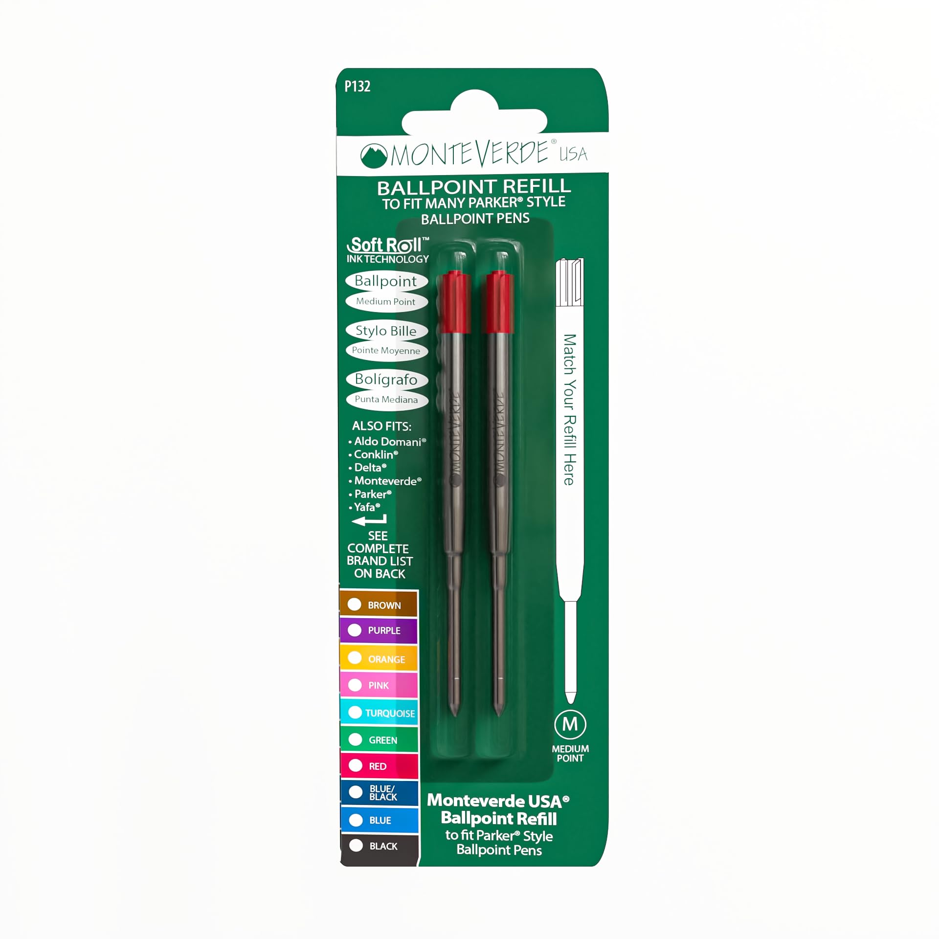 Monteverde Ballpoint Refill to Fit Parker Ballpoint Pens, Medium Point, Soft Roll, Red, 2 per Pack (P132RD) — image 1