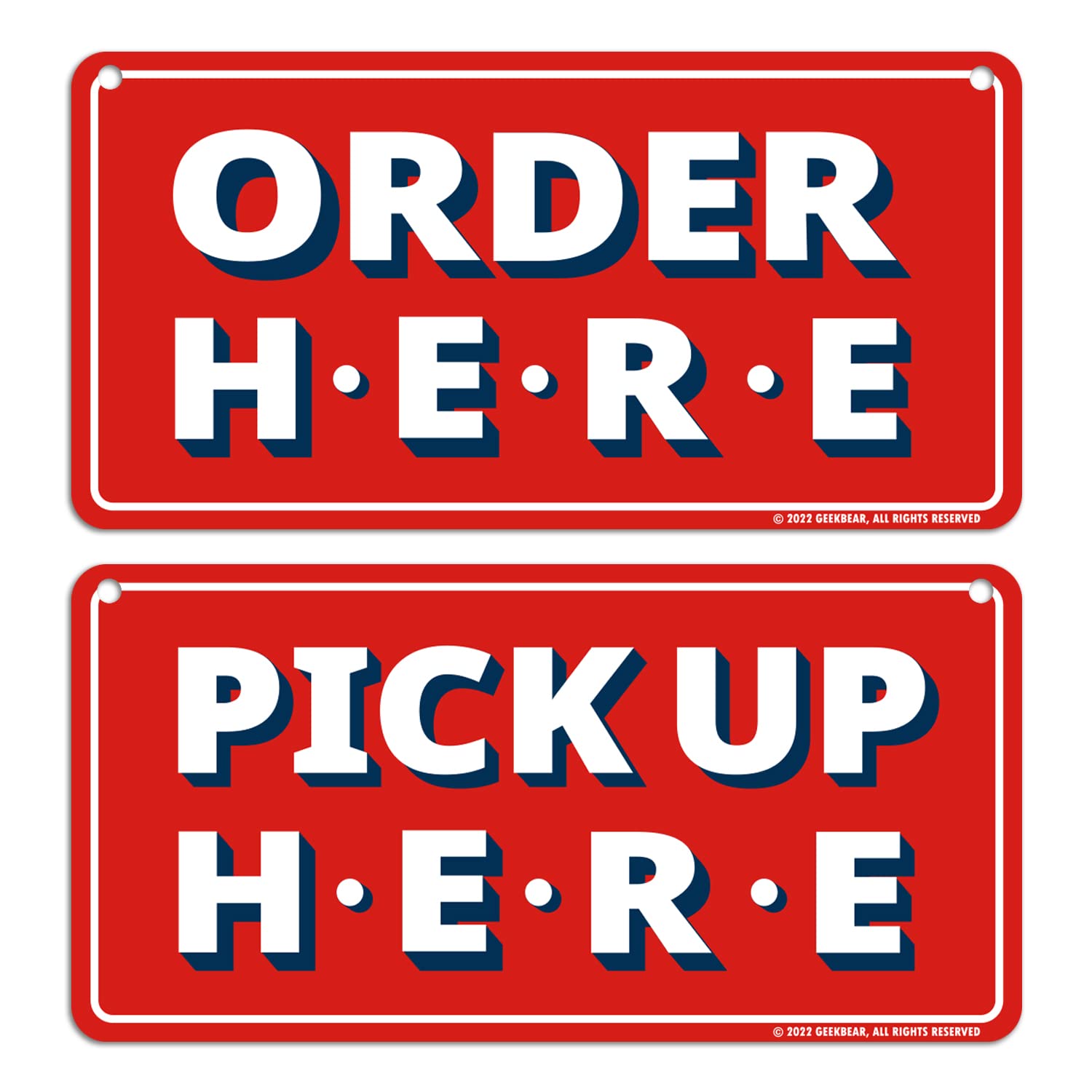 GEEKBEAR Order Here and Pick Up Here Signs (Red) - Premium Order Here Pick Up Here Signs with Special Hanging Hooks Attachable to Ceiling - 12" X 6" - 2 Pack