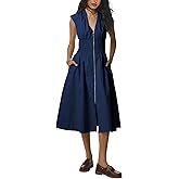 Tomosc Women Sleeveless Midi Dress Summer Casual V Neck Zip Front Smocked Shirt Dress with Pockets (17W-Navy-S)