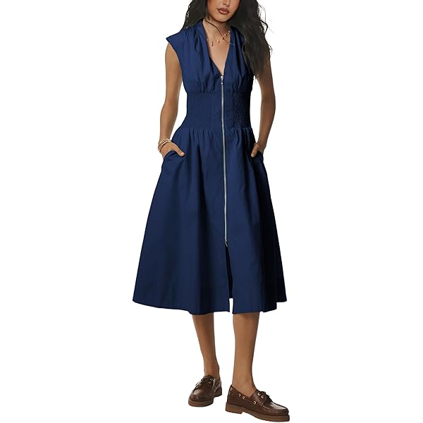Amazon.com: GUNEST Womens Dark Blue Dress Deep V Neck Zip Up Cap Sleeve  Smocked Elastic Waist Split Summer Casual Midi Dress with Pockets :  Clothing, Shoes & Jewelry