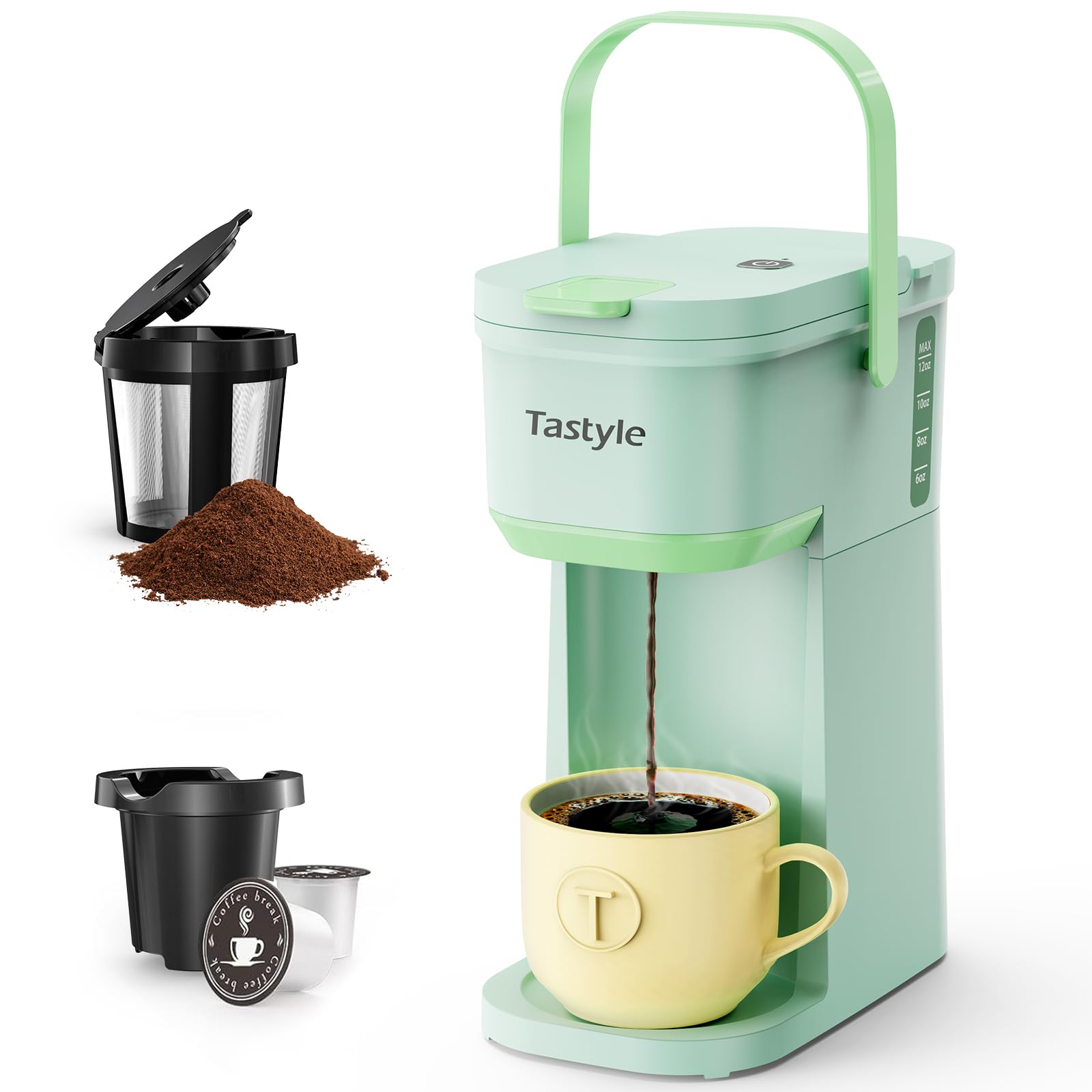Photo 1 of Tastyle Single Serve One Cup Coffee Maker, for K Cups and Grounds, Mini Coffee Maker with Portable Handle, 6 to 12 Oz Brew Size, for Travel, Camping, Office, RV and Dorm, 120V, Oasis