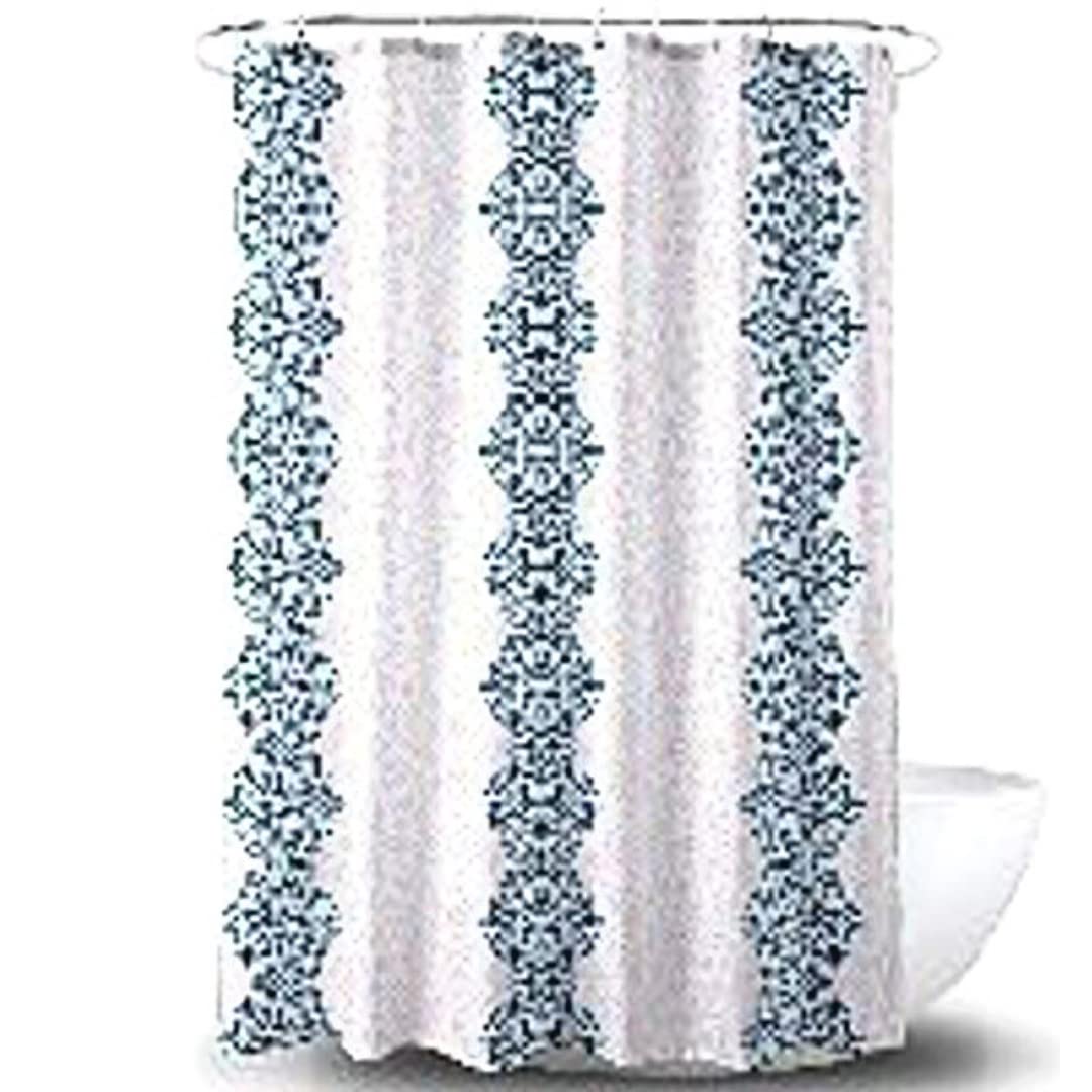 Shower Curtain Oxford Fabric White Blue Art Mold and Mildew Resistant 12 Hooks 180 x 180 cm