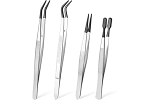 FDCLIXUVOL Stainless Steel Rubber Coated Tweezers, 4 PCS Tweezers with Rubber PVC Coated Set Rubbers Straight Flat Tip Long Bent Tweezer Rubbers Straight Tip Tweezer for Crafting Stamp Jewelry Industrial Lab