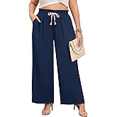 Lastshe Plus Size Wide Leg Pants for Women Elastic High Waisted Drawstring Loose Lounge Long Palazzo Trousers with Pockets