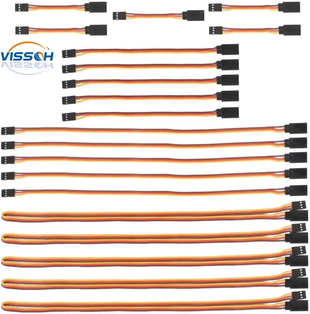 VISSQH 20pcs JR Style Servo Extension，Servo Cables, 3Pin Extension Cable，3" 6" 12" 24" Extension Cable 22AWG 60 Cores Wire Male to Female Futaba JR for Remote Control Aircraft, 4 Sizes, 5 each