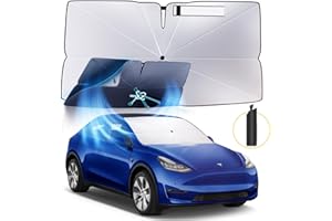 HIMUMOY Windshield Sun Shade Umbrella Compatible with Tesla Model Y 2016-2024 2025: Juniper Front Car Window Shades - 4 Layers Foldable Automotive Sunshades Block UV Keep Cool
