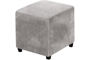 LEXFORT Velvet Ottoman Covers Slipcover Square Footstool Protector Covers Storage Stool Ottoman Covers Stretch with Elastic Bottom Small Light Grey