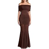 HTZMO Women Sexy Off Shoulder Bodycon Maxi Dress Strapless Ruched Wedding Guest Formal Party Long Dresses