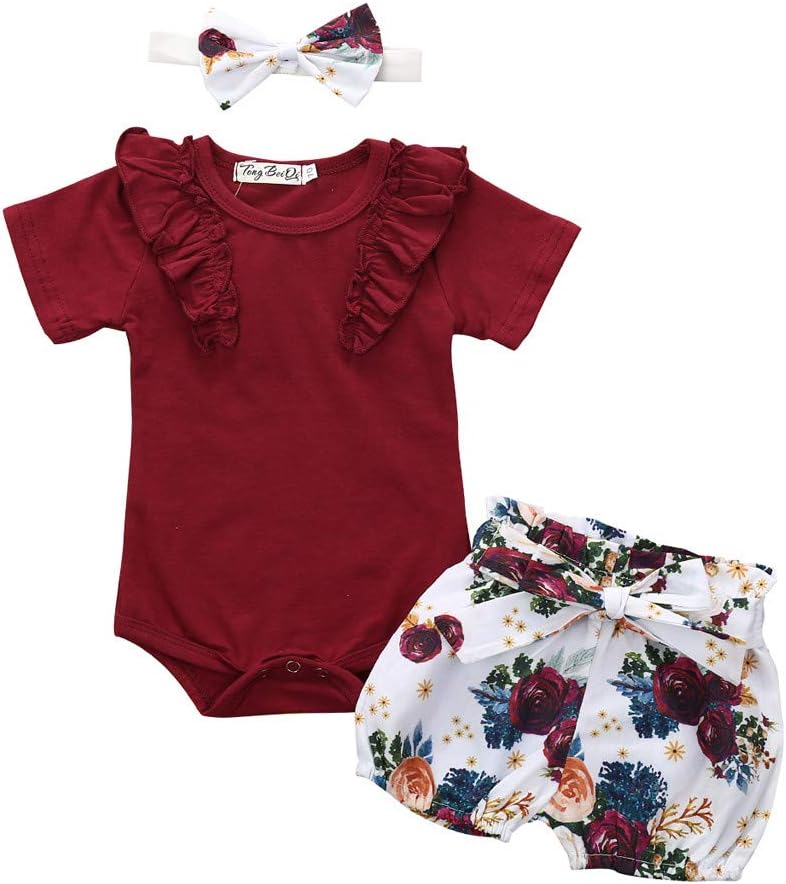 KpopBaby 3PCS Infant Toddler Baby Girl Clothes Ruffle Romper Bodysuit Floral Halen Pants Headband Outfits