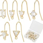Beebeecraft 1 Box 24Pcs Cubic Zirconia Earring Hooks 18K Gold Plated Brass 6 Styles Fish Hooks Long Ear Wires with Loop for DIY Earring Jewelry Making 16.5~19mm