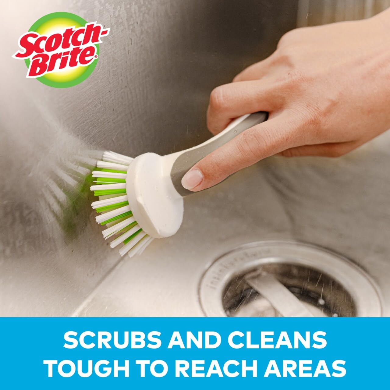 Scotch-Brite Handy Brush, Small and Durable Dish Brush with Handle for Scrubbing Hard-to-Reach Cookware, Tubs, Sinks, Car Tires, and More without Scratching, Antimicrobial, and Rinses Clean