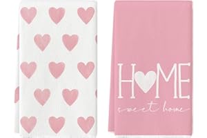 Artoid Mode Pink Heart Love Home Sweet Home Valentine's Day Kitchen Towels Dish Towels, 18x26 Inch Anniversary Wedding Decoration Hand Towels Set of 2