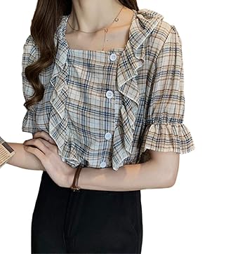 Amazon ライラ ギンガム チェック 柄 フリル 半袖 シャツ きれいめ
