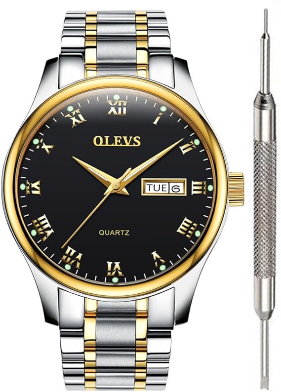 Amazon Olevs クラシックウォッチ メンズ アナログクォーツウォッチ レザー ステンレススチール 頑丈な防水ウォッチ ローマ数字 ユニークなカレンダー 日付 ビジネス腕時計 L ブラック メンズ腕時計 腕時計 通販