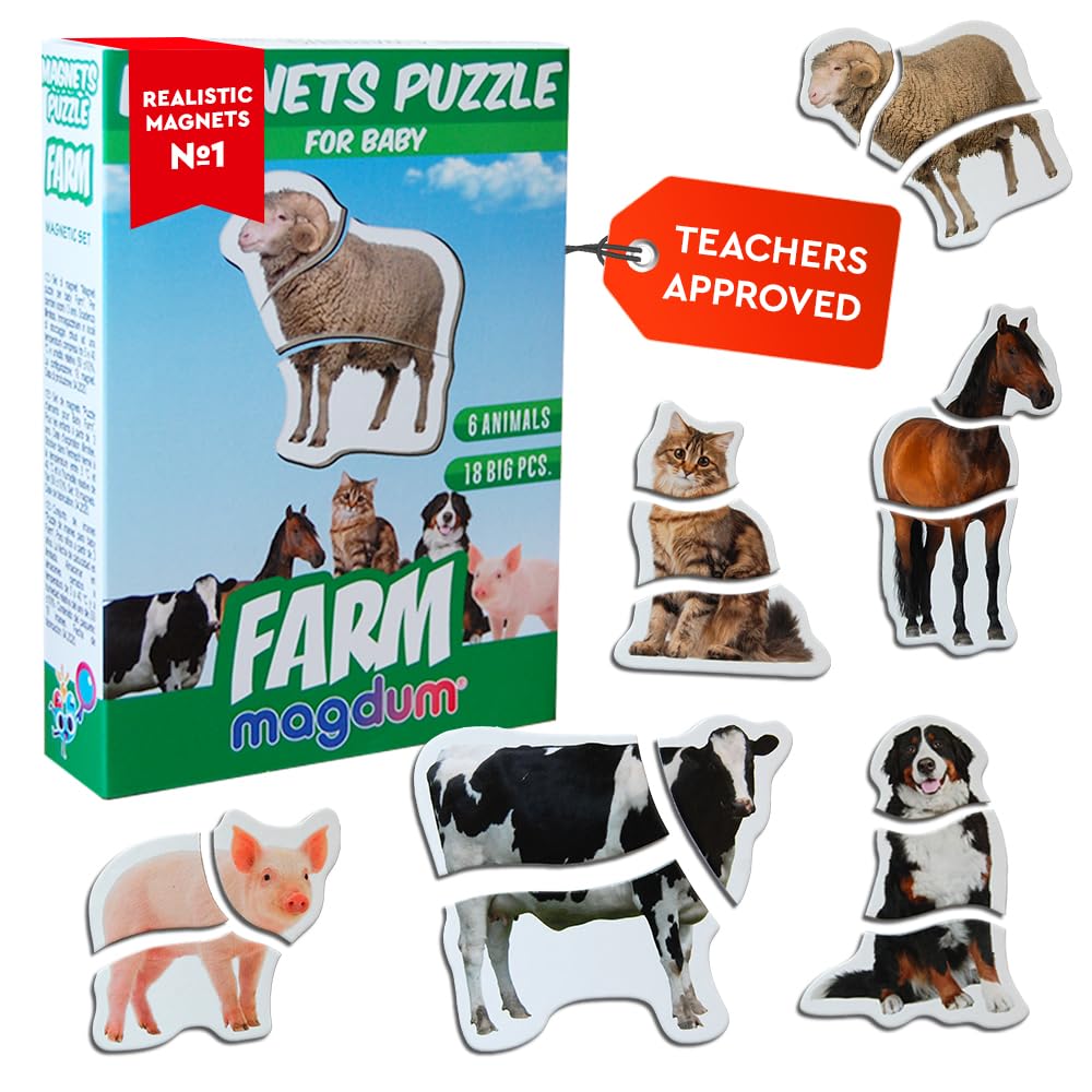Farm Animal Magnetic Puzzle for Kids - Magdum - 6 Farm Animals with 18 Magnetic Pieces - First Learning Puzzle Game for Toddlers - Educational Preschool Toy - Large Safe Durable Pieces - Gift