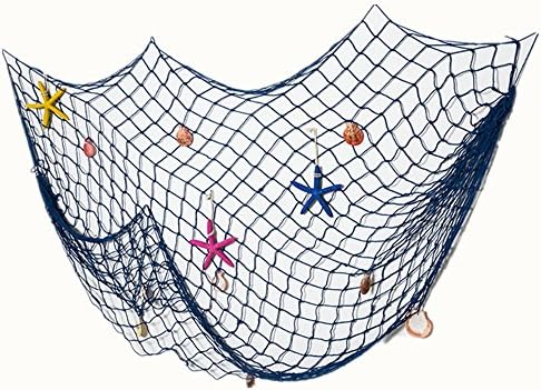 Mediterranean Fishing Net Decoration- Natural Fish Net Fish Netting With Seashell Decor, Nautical Party Decorations (39.4 78.7 inch, Blue)