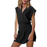 LAMISSCHE Womens Summer Mini Dress Cap Sleeve V Neck Dress High Waisted Cute Flowy Dresses Sundress