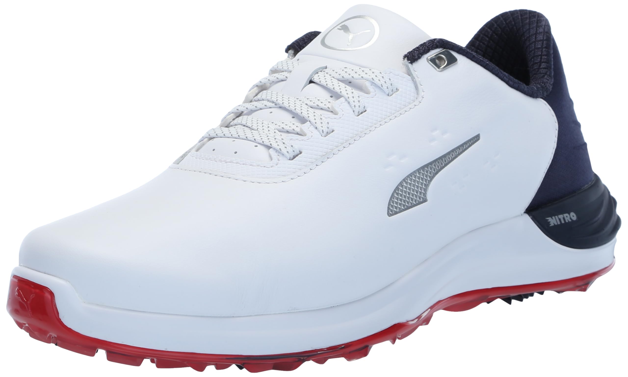 PUMA Golf Men’s PHANTOMCAT Nitro Golf Shoes, Puma White-DEEP Navy-for All TIME RED, 9 Wide