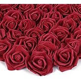 Artificial Rose Flower Heads, INSUNSIX 100pcs Burgundy Fake Roses Artificial Flower Foam Rose Heads for DIY Wedding Bouquets Centerpieces Arrangements Party Baby Shower Home Decor (Stemless, Burgundy)