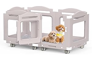 LEAGIM Acrylic Dog Playpen, Indoor Whelping Box with Pet Stroller, Puppy Playpen for Small Medium Pets, Cat Rabbit & Puppies, 6-Panel with Bottom Panel, 8 Wheels, Safe, Sturdy, Apricot Gray