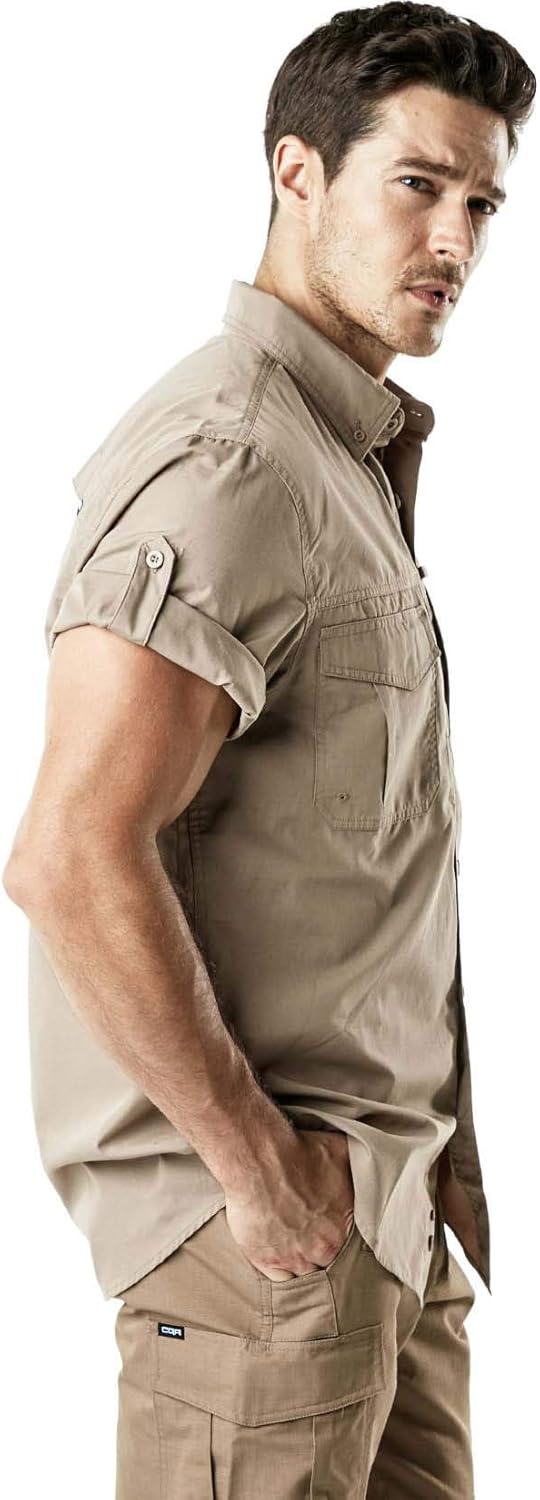 CQR Men's Short Sleeve Work Shirts, Ripstop Military Tactical Shirts, Outdoor UPF 50+ Breathable Button Down Hiking Shirt at  Men’s Clothing store