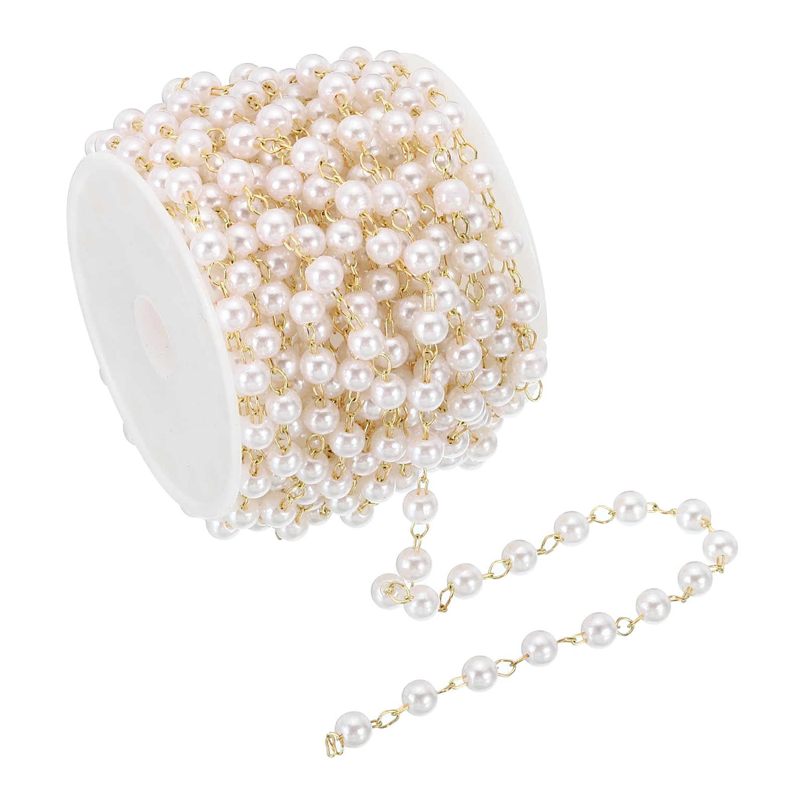 PATIKIL 5m/16 Feet Faux Pearl Beading Chain with Spool, 5mm Brass Chain Link for Decoration Making DIY Accessories Style 1, Light Gold