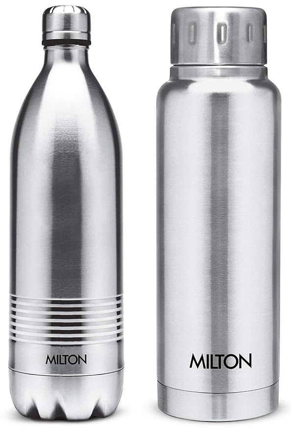 Milton Thermosteel Duo Deluxe1000 Bottle Style Vacuum Flask, 1 Litre, Silver + Milton Elfin