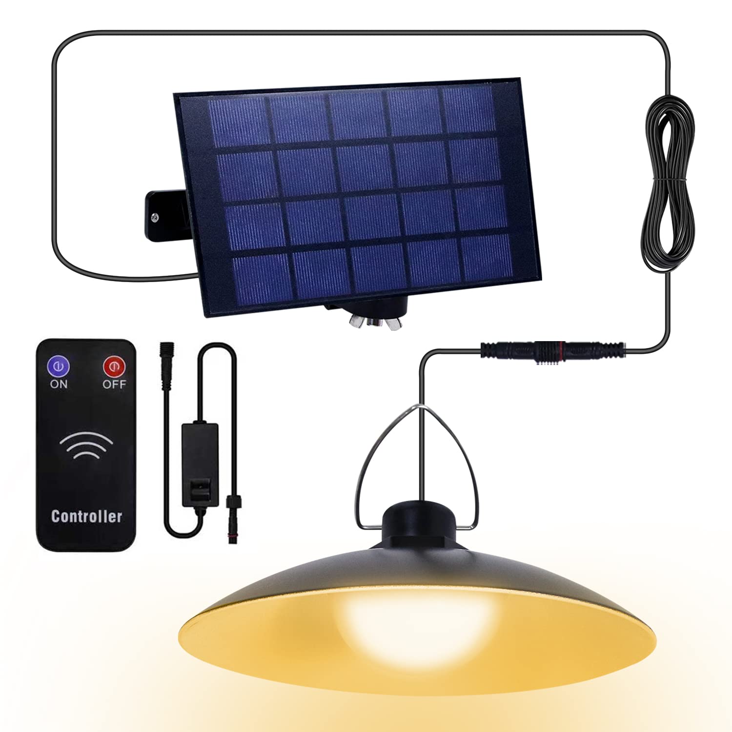 Qelus Solar Hanging Lights, Solar Shed Light, Waterproof Pendant Lamp Remote Control, Security Lighting for Outdoor Indoor Garden Porch Garage Storage Gazebo Front Balcony, 1 Lamp Warm White